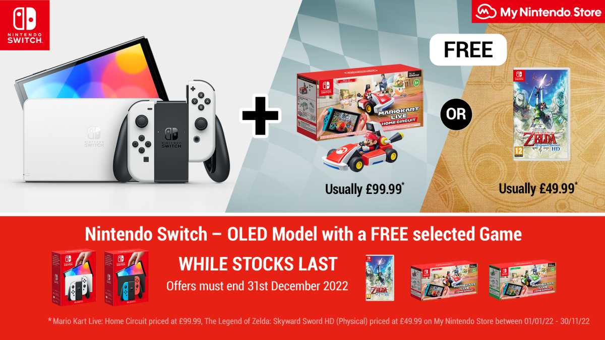 Poster with 'Nintendo Switch - OLED Model with a FREE selected game', with pictures of Mario Kart and The Legend of Zelda