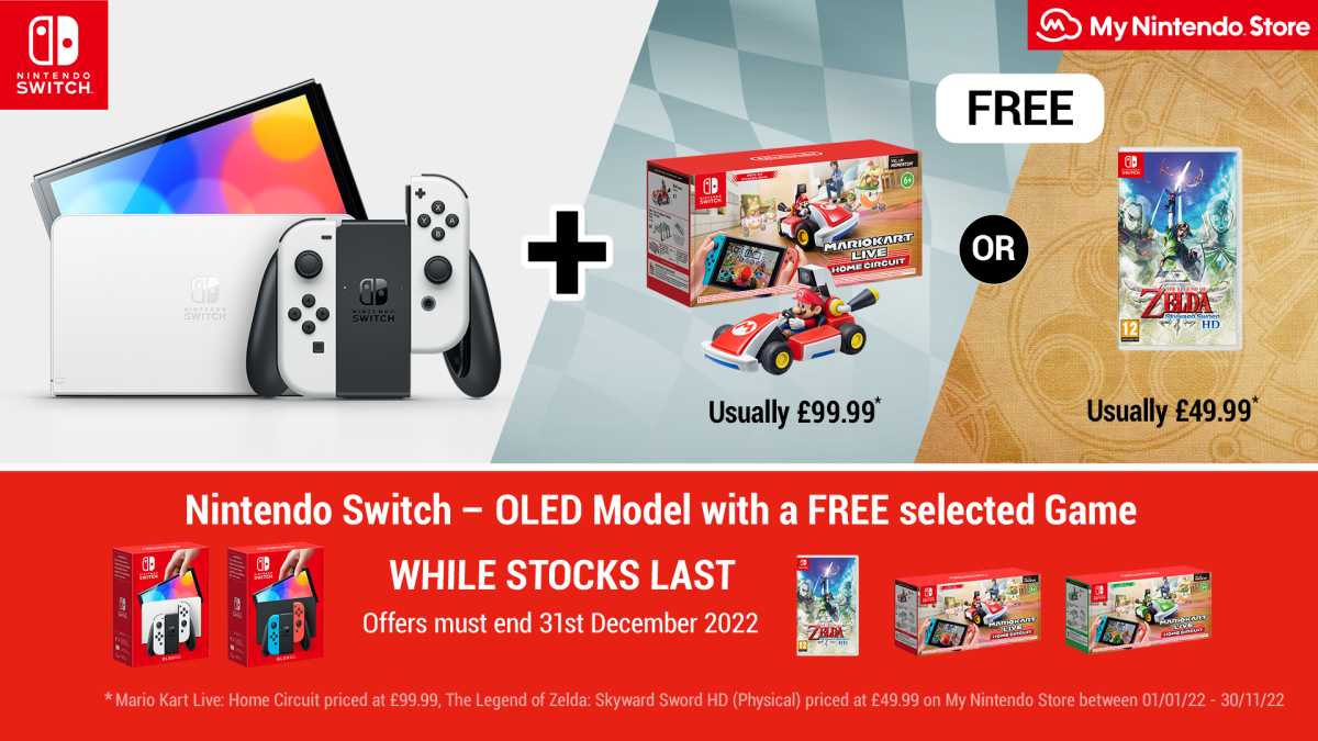 Poster with 'Nintendo Switch - OLED model with a FREE selected game', with pictures of Mario Kart and The Legend of Zelda