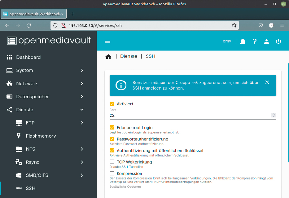 Dienstekonfiguration: Der Dialog für SSH demonstriert, wie OMV alle Konfigurationseingriffe (hier in „/etc/ssh/ sshd_config“) als freundliche Klickoptionen anbietet.
