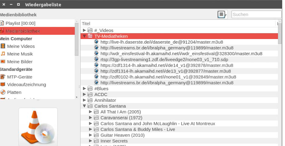 TV-Mediatheken in der VLC-Medienbibliothek: Wenn Sie die Streams in der Wiedergabeliste sammeln und als Datei speichern, kann diese wiederum in die Bibliothek integriert werden.