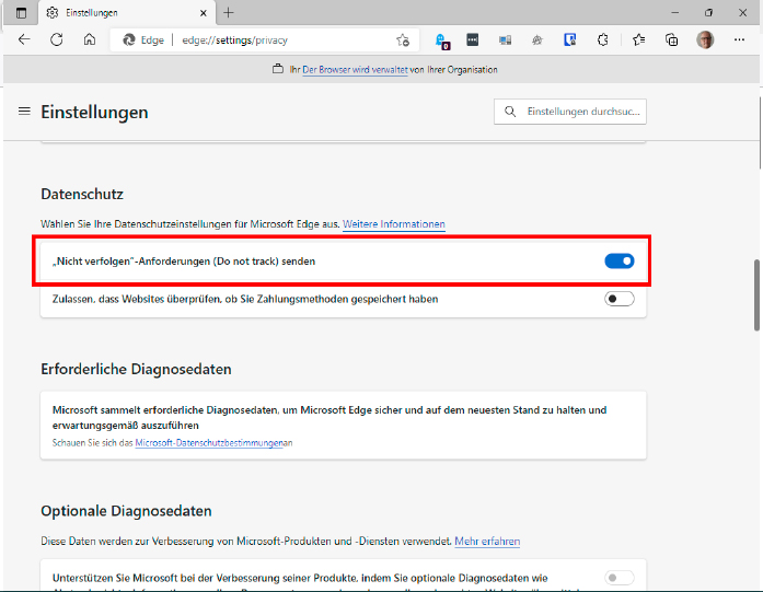 Ebenso wie die anderen Browser bietet auch Edge an, den besuchten Websites eine Do-not-track-Anforderung zu schicken. Dabei handelt es sich jedoch um nicht mehr als eine Bitte.