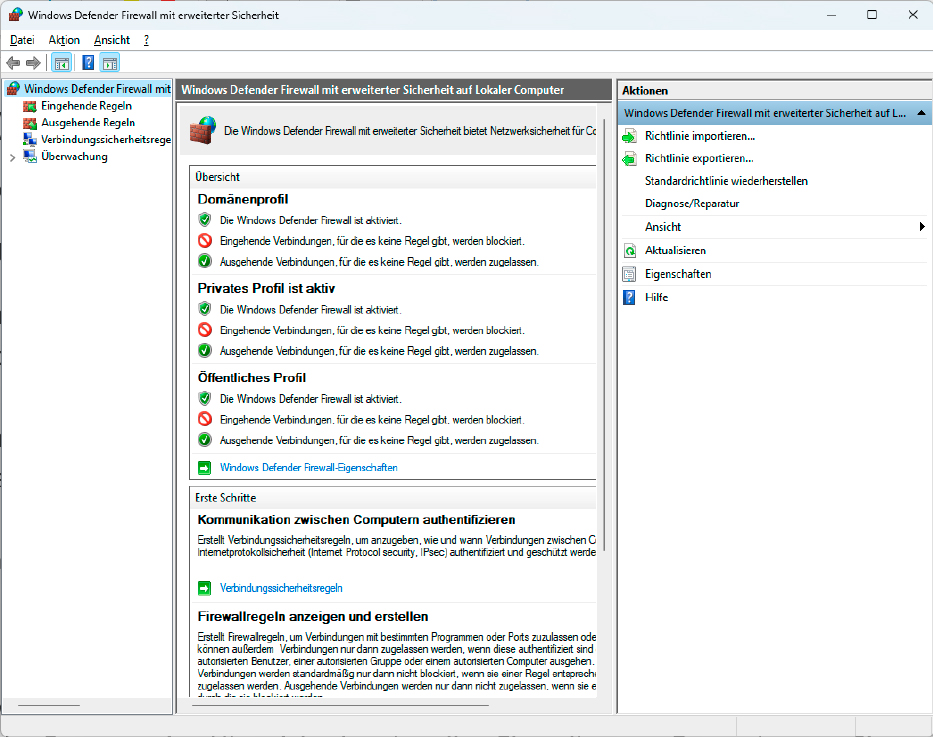 Die Windows-Firewall wird konfiguriert über eine Microsoft Management Console (MMC) mit ihrem typischen, dreigeteilten Fenster und der in allen Konsolen gleichen Menüstruktur.