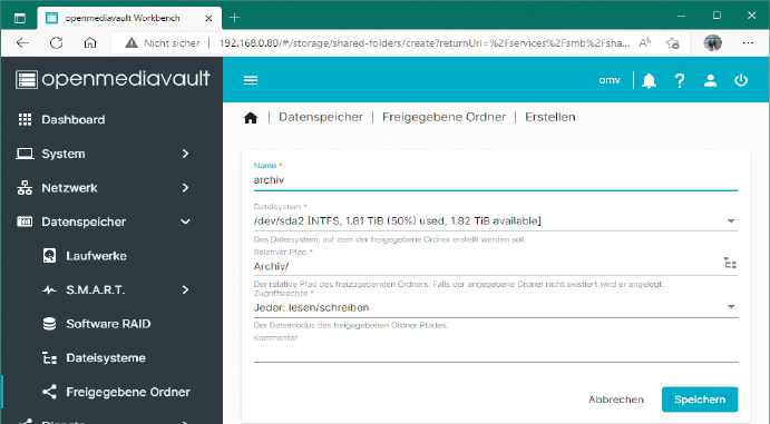 Eine allgemeine Samba- Freigabe: Wie Sie sehen, kann OMV auch Datenträger weiterverwenden, die mit fremden Dateisystemen erstellt wurden (NTFS). Bei neuen Medien formatiert es immer Linux-Dateisysteme.