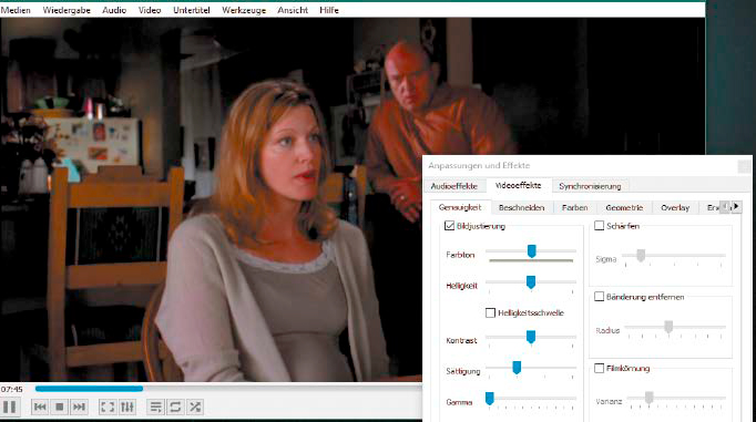 Helligkeit, Farben und Sättigung: Was sich am Monitor oder TV nicht verbessern lässt, kann der VLC über diverse Filter signifikant aufpeppen.