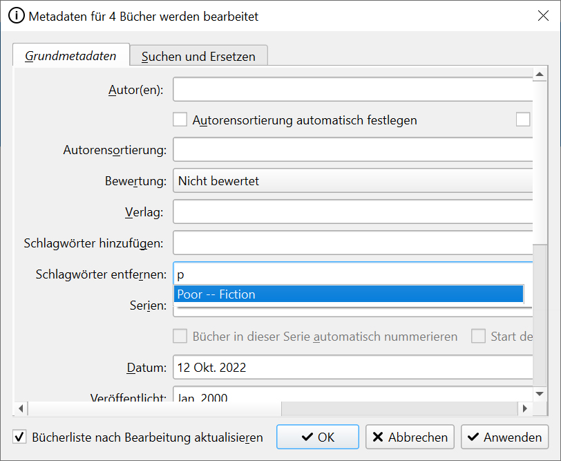 Über den Editor für die Metadaten lassen sich Schlagwörter für mehrere E-Books komfortabel ändern. Das erleichtert die Suche in umfangreichen Bibliotheken.