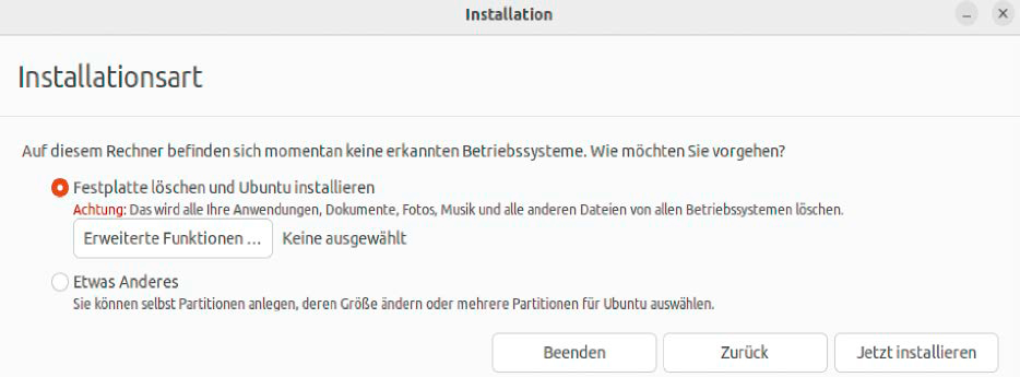 Windows-Festplatte abgeklemmt: Mit nur einer Festplatte für Linux kann nach Auswahl der Option „Festplatte löschen und Ubuntu installieren“ nichts schiefgehen.