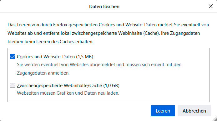 Firefox kann, genau wie die Konkurrenten, die gespeicherten Cookies auf einen Schlag löschen.