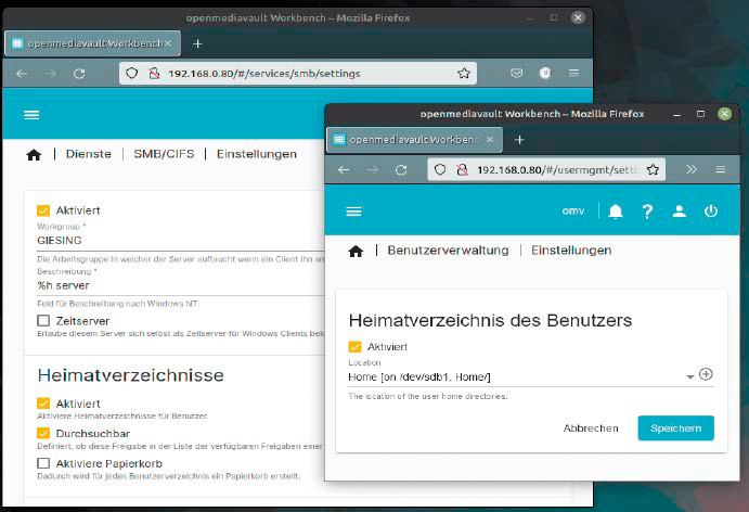 Separate Samba- Homes auf OMV-Server: Die Samba-Freigabe genügt nicht. Erst einmal muss in der Benutzerverwaltung ein Home auf Dateiebene aktiviert sein.