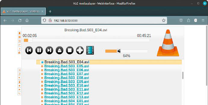 HTTP-Server: Die VLC-Fernbedienung via Browser genügt vollauf für Lautstärkesteuerung, Pausen und Medienauswahl.