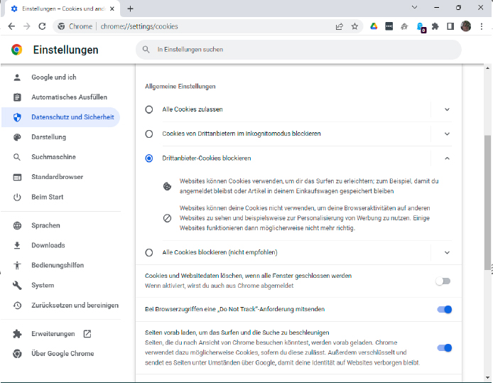 Die Datenschutz-Einstellungen von Google Chrome sind verhältnismäßig einfach gehalten, erlauben aber dennoch die Blockade von Tracking- Cookies und verhindern damit diese Form der Nachverfolgung im Netz.