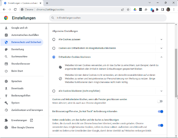 Die Datenschutz-Einstellungen von Google Chrome sind verhältnismäßig einfach gehalten, erlauben aber dennoch die Blockade von Tracking- Cookies und verhindern damit diese Form der Nachverfolgung im Netz.