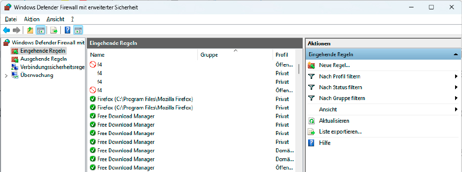 Nach Markieren von „Eingehende Regeln“ zeigt Ihnen Windows die entsprechenden Regeln für die installierten Programme an. An diesen Einstellungen brauchen Sie normalerweise nichts zu ändern.