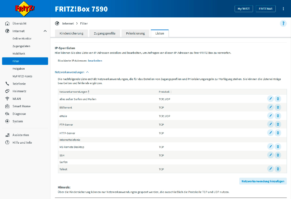 Um einer bestimmten Anwendung die Vorfahrt zu erteilen, erstellen Sie im Fritzbox-Menü im Register „Listen“ über „Netzwerkanwendung hinzufügen“ einen neuen Eintrag: Diesen können Sie anschließend beim Anlegen einer Priorisierungsregel auswählen.