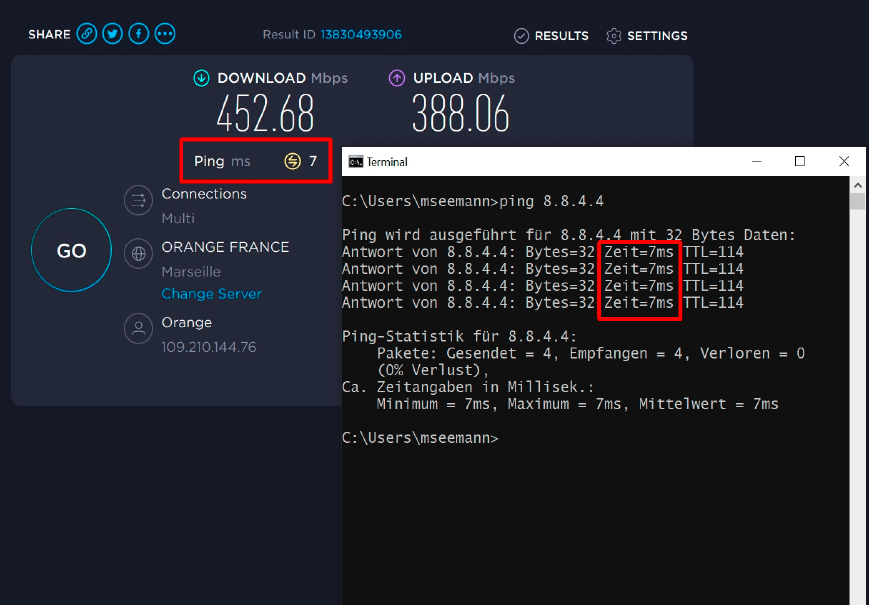 Beim Test der Latenz mit Ping zu einem DNS-Server von Google mit der IP-Adresse 8.8.4.4. ergeben sich an einem schnellen Internetanschluss per Glasfaser die gleichen niedrigen Werte wie mit dem Browser- Dienst Speedtest.net.