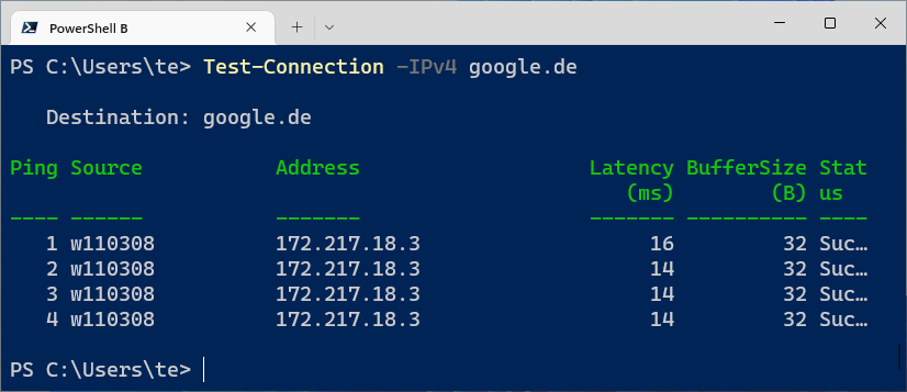 Verbindung prüfen: Test- Connection gibt in der Powershell die IP-Adresse zurück, wenn ein lokaler Rechner oder ein Server im Internet auf eine Anfrage reagiert.