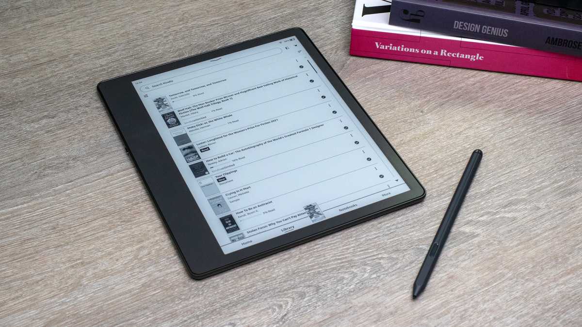 Amazon Kindle Scribe on a table with the pen