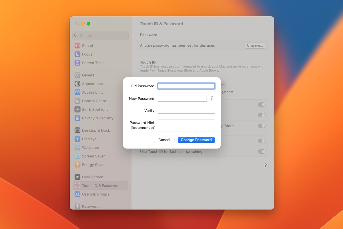 Create or change password Mac