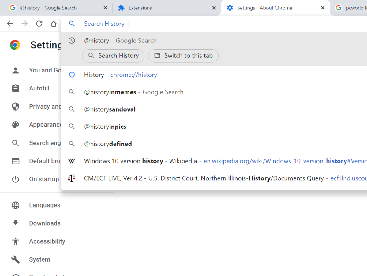 Google Chrome search history via address bar