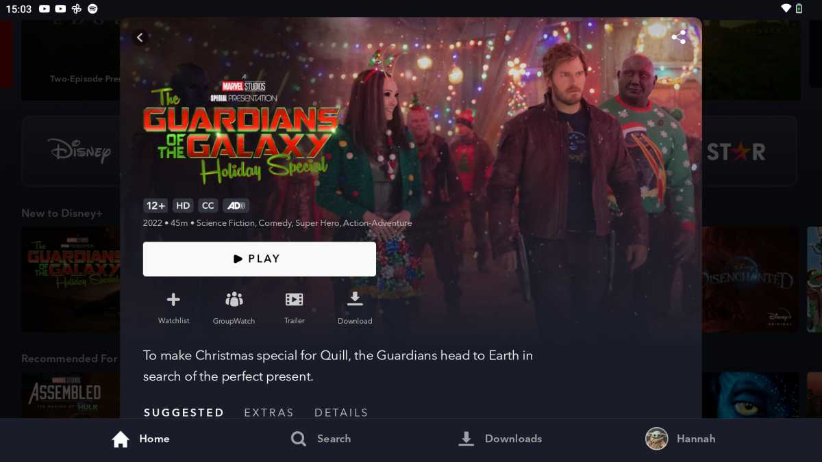 Disney+ screen displaying Guardians of the Galaxy Holiday special