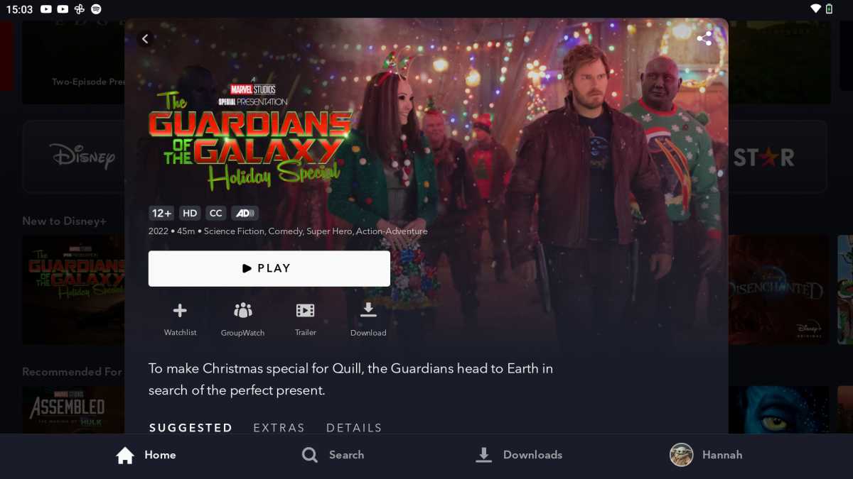 Disney+ screen showing Guardians of the Galaxy holiday special