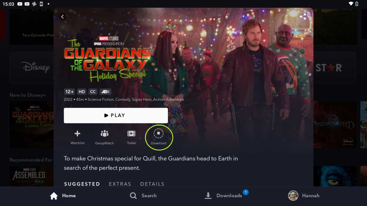 Disney+ screen displaying Guardians of the Galaxy Holiday special being downloaded