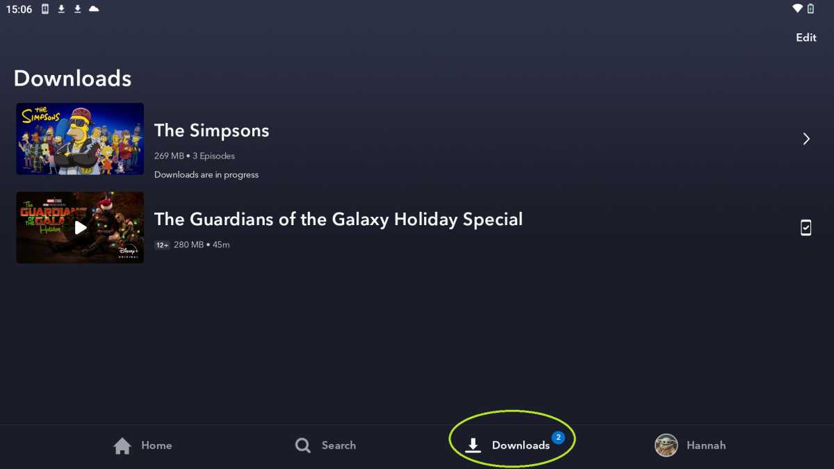 Downloads section on the Disney+ app showing The Simpsons and Guardians of the Galaxy holiday special