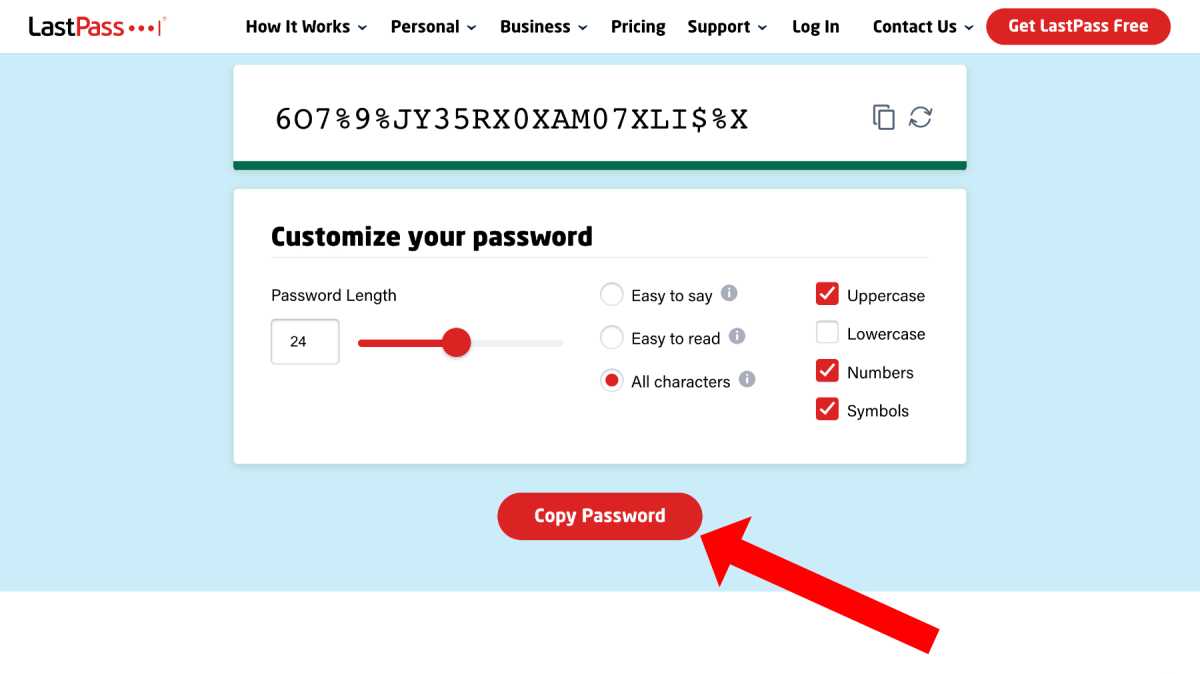 Copy password from a password generator