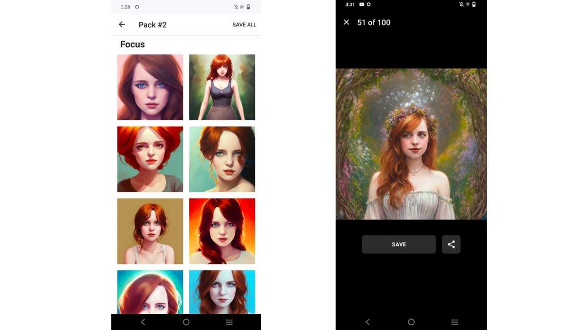 Screenshots of Lensa with a red-haired woman on Android
