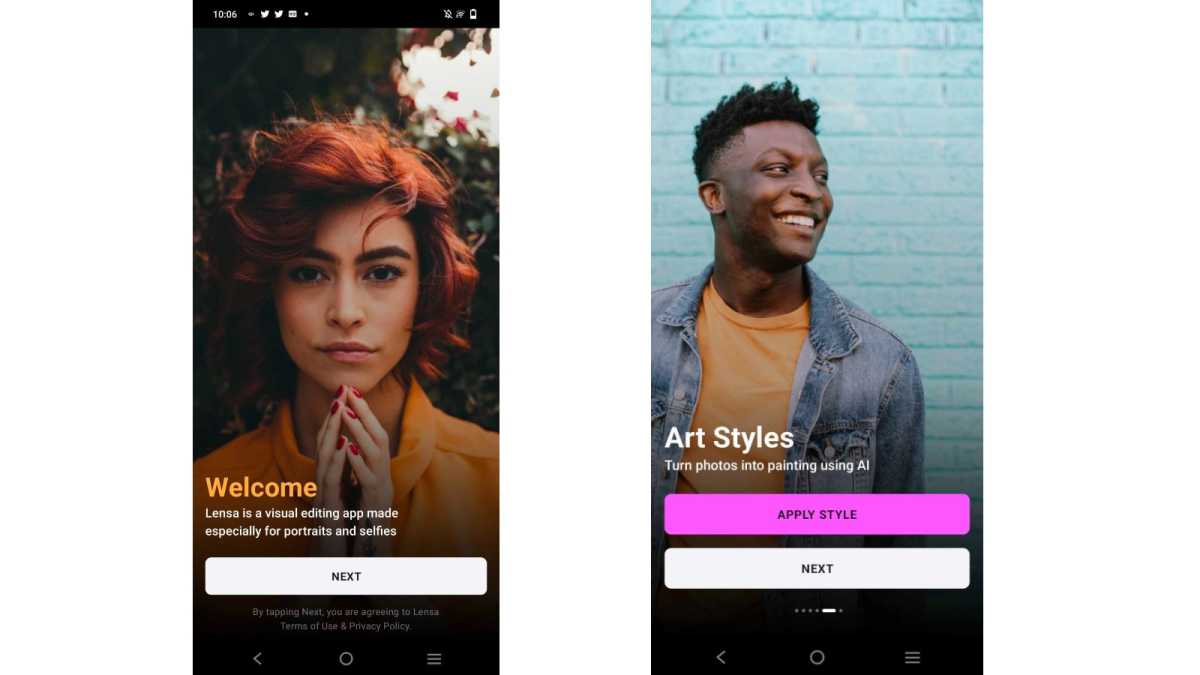 Lensa app home screen and art styles screen