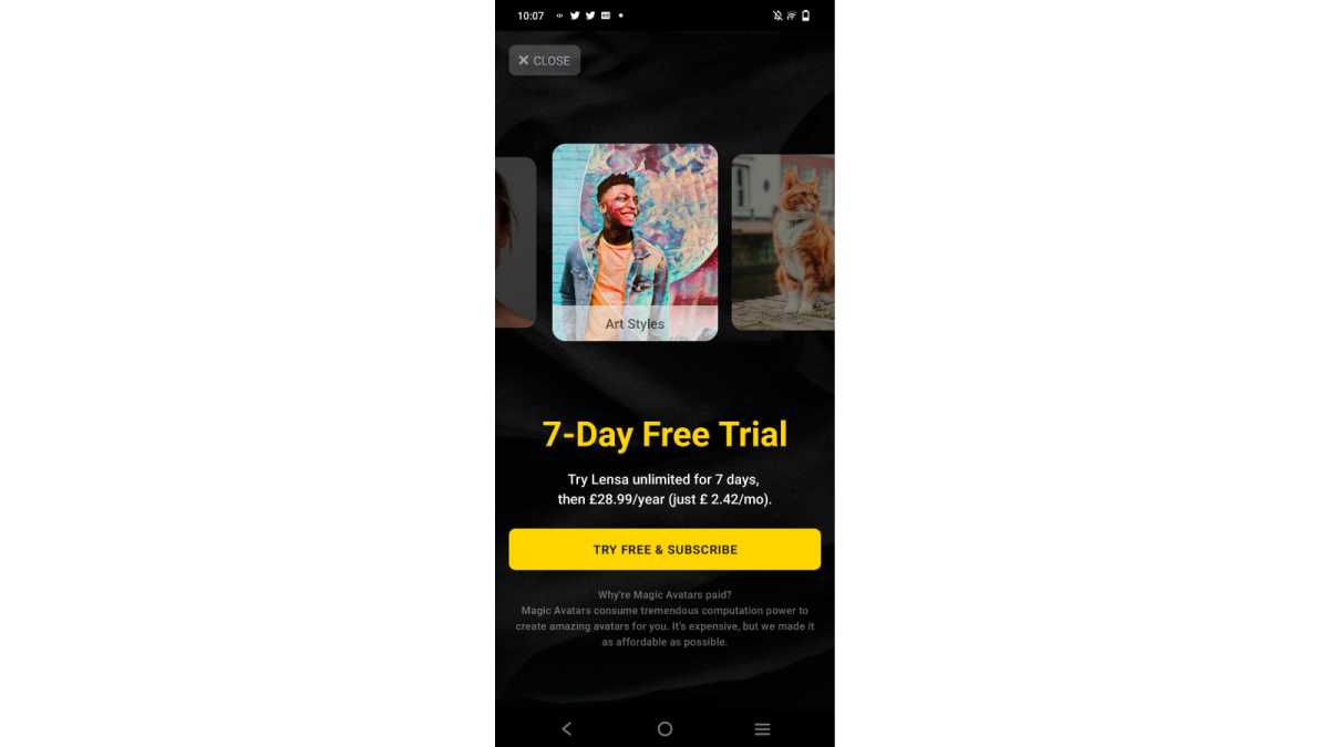 Screenshot of Lensa 7-day free trial