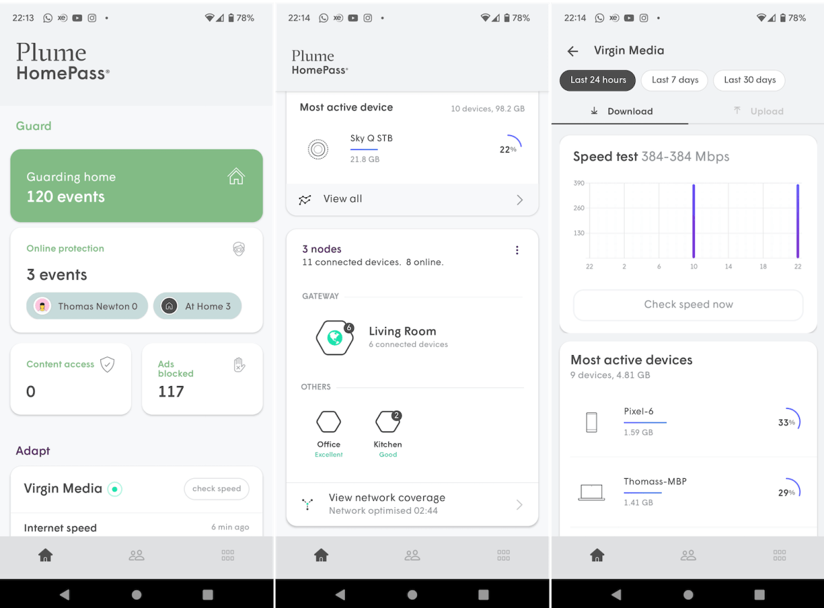 Screengrabs from the HomePass Android app, displaying tools including; scan for possible security threats, connection quality, and an Internet service speed test