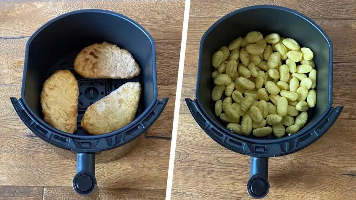 Portions of breaded chicken and gnocchi in an air fryer