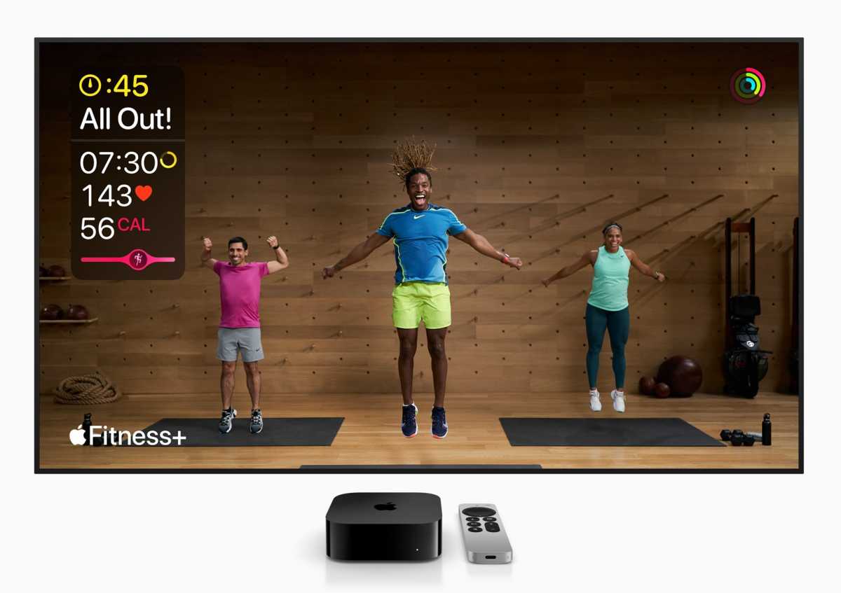Apple Fitness+, with live exercise stats from an Apple Watch on the TV screen