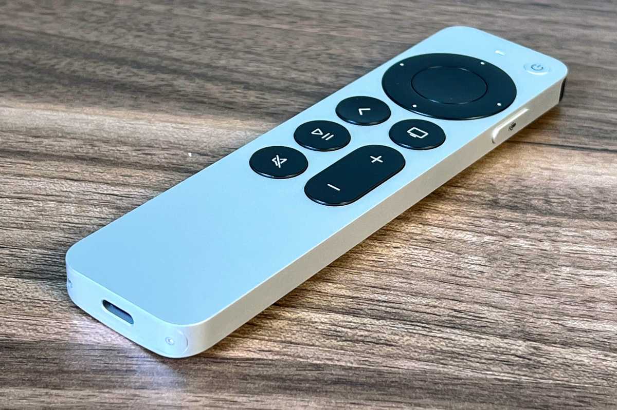 Apple TV 4K 2022 Siri remote, showing USB-C port, Siri button, and navigation buttons