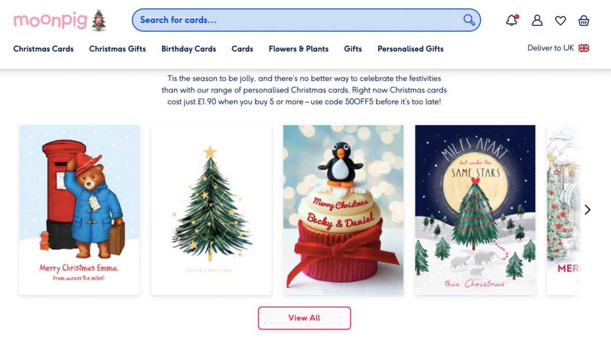 Screengrab från Moonpigs kortutbud