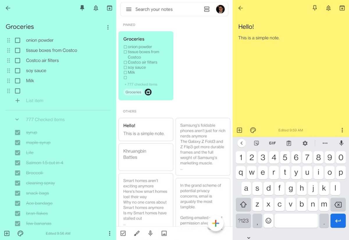 The Google Keep app shows a grocery list, a view of notes, and a personal note