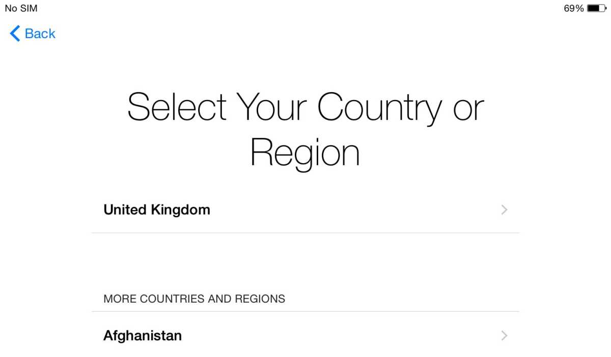 iPhone Setup - Select Country