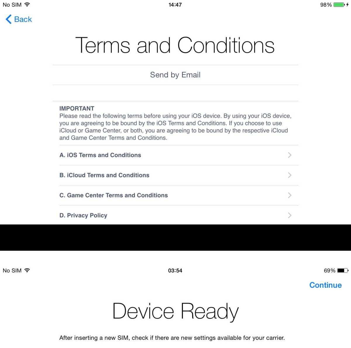 iPhone setup - terms and conditions