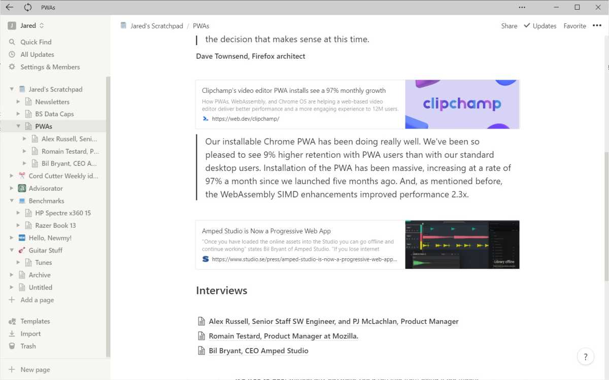The Notion desktop app features a clipboard with links and notes.