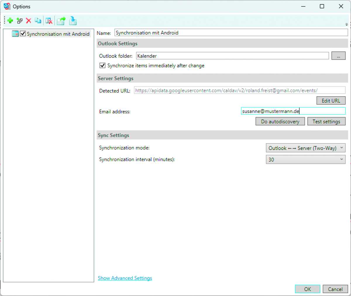 Caldav Synchronizer Einstellungen