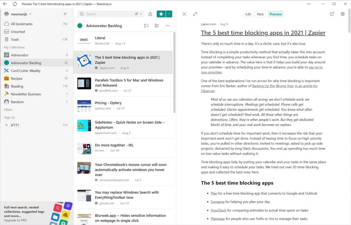 Bookmarks and reading view on Raindrop.io