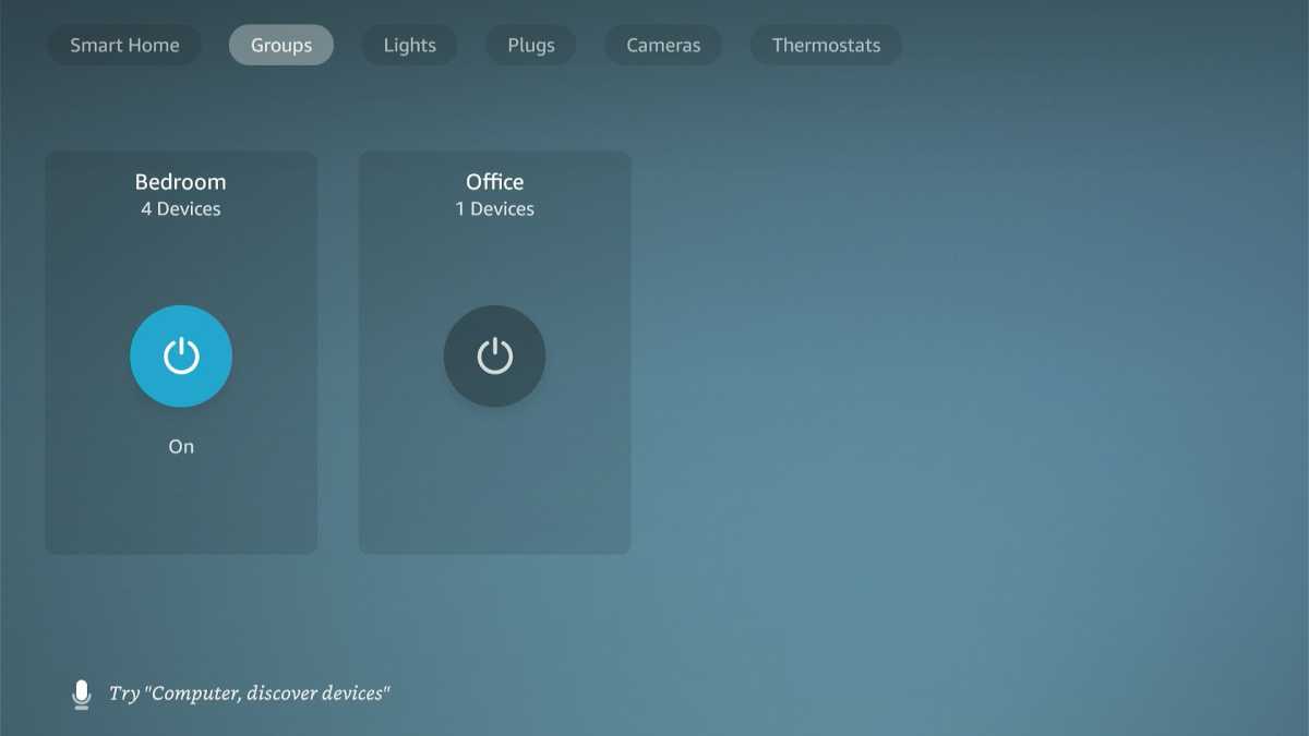 Smart home panel on Fire TV, showing Bedroom and Office light controls