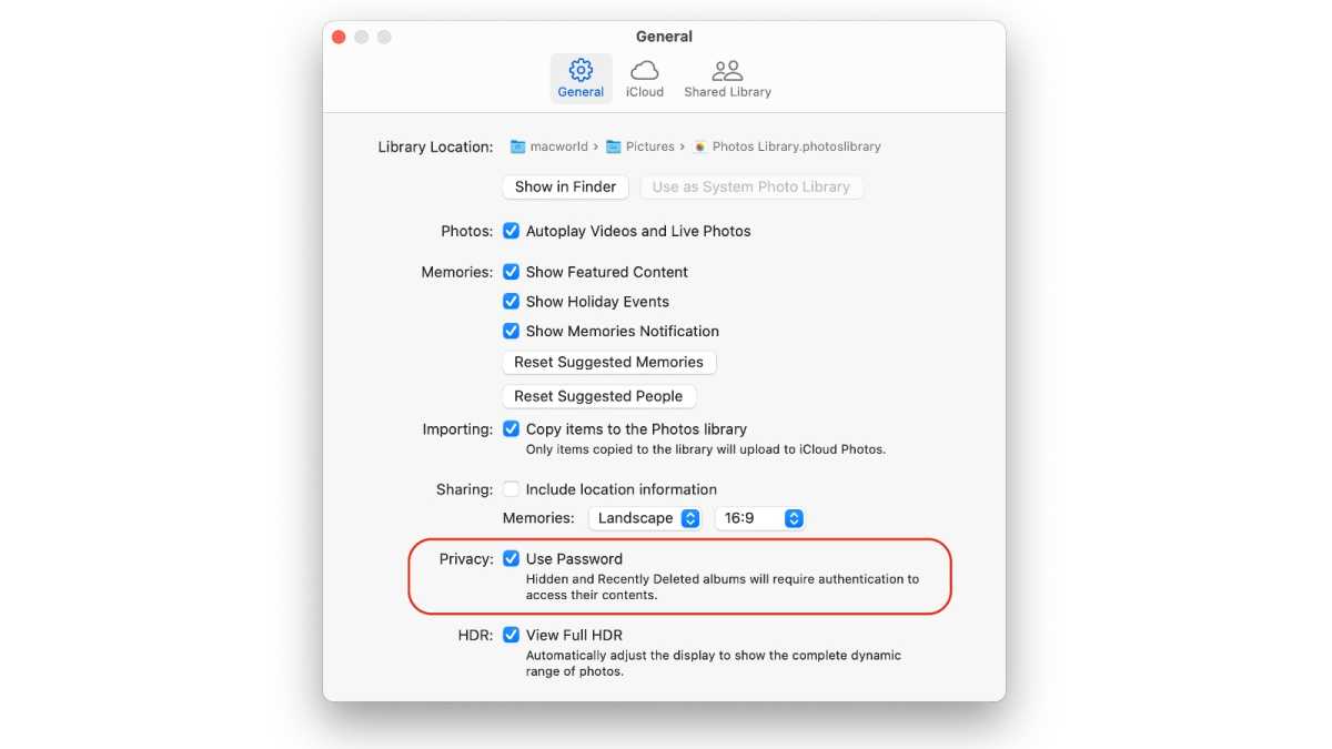 Configuración de privacidad de Fotos de Ventura