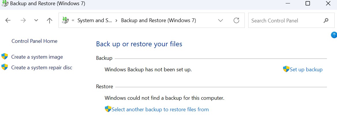Windows backup in Control Panel