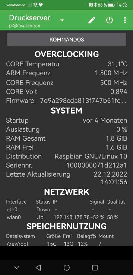 Behalten Sie das System im Blick: Wenn der Rasperry ohne Ein- und Ausgabegeräte „headless“ läuft, leistet die Android-App „Raspi Check“ gute Dienste.