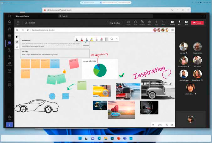 Screen einer Präsentation von Microsoft- CEO Nadella: Ist das ein Blick auf die zukünftige Windows- Oberfläche mit schwebender Taskleiste und Systemelementen in den oberen Displayecken?