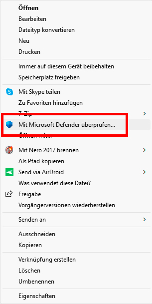 Eine gezielte Überprüfung mit dem Defender starten Sie einfach über das Kontextmenü des Explorers.
