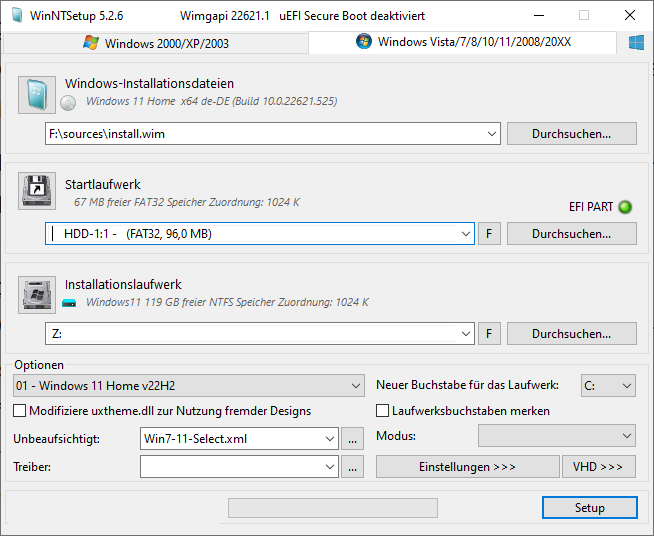 Installations-Variante: Win NT Setup kann Windows in VHD-Dateien einrichten. Geben Sie hinter „Unbeaufsichtigt“ eine Vorlage an, wenn Sie eine automatische Installation wünschen.