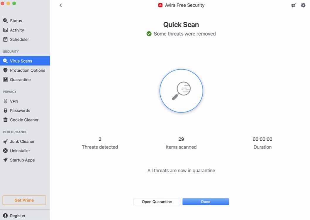 Función de escaneo rápido del antivirus Avira Free Security para Mac