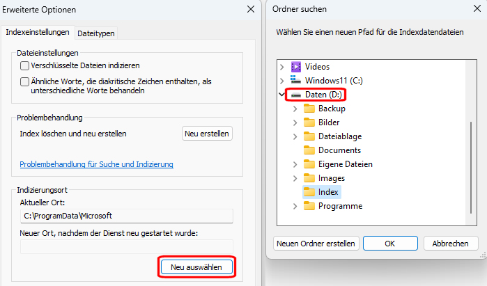 Wenn der Suchindex selbst zu viel Platz auf der Festplatte beansprucht, ist es sinnvoll, ihn auf eine andere Partition oder einen anderen Datenträger zu verschieben.